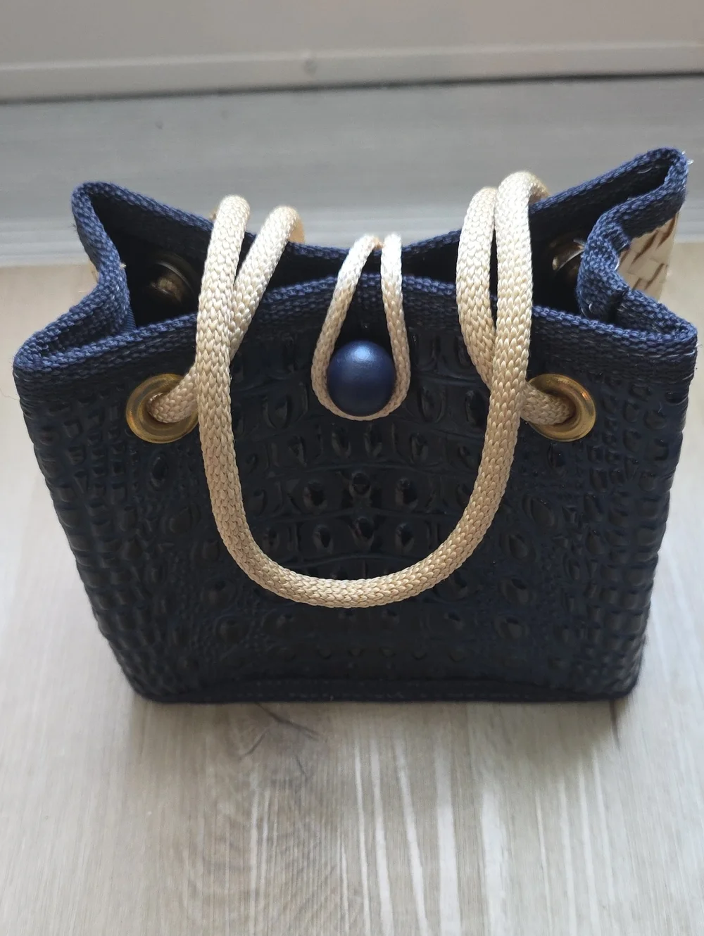 Eldena’s Collection Mini Navy Blue Croc Embossed Straw Tote Bag - Picture 1 of 9